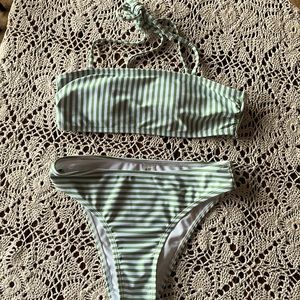 Green and white striped bikini